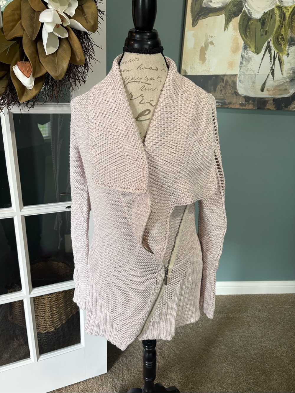 RACHEL Rachel Roy Light Pink Shawl Collar Knit Cardigan with Asymmetric Zip